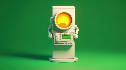 黄色背景上带有绿色交通灯的当代白色洗衣机卡通吉祥物的 3D 渲染