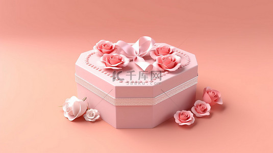 3D 渲染情人节礼品盒，柔和的粉红色背景上有玫瑰和心，是爱与感情的象征