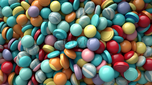 多种颜色的薄荷口香糖彩色糖果背景 3D 插图