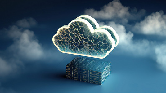 在 3d 渲染插图中的蓝色背景上带有云的抽象邮票标记