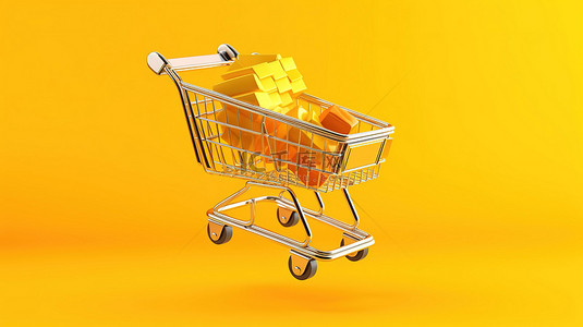 小型店铺背景图片_黄色背景上带着购物袋飞翔的购物车的 3D 插图