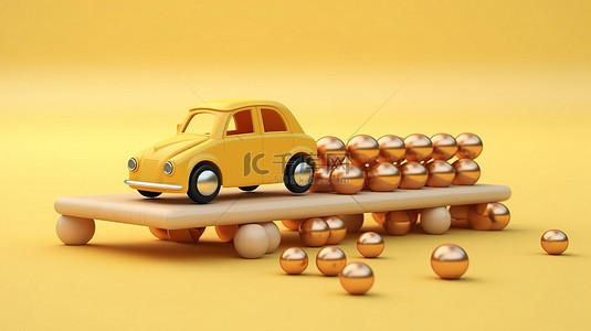 天秤座规模上的木制玩具车和金币以商业为中心的 3D 渲染
