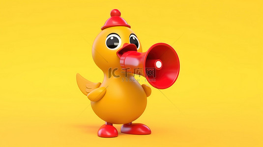 可爱的喇叭背景图片_可爱的黄色卡通鸭，带有老式红色扩音器，在 3D 渲染的阳光明媚的黄色背景上充当吉祥物