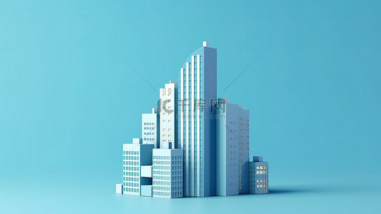 蓝色背景的 3D 渲染与建筑物和财产图表