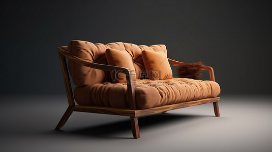 桌子侧面背景图片_从侧面看木制棕色沙发的 3D 渲染