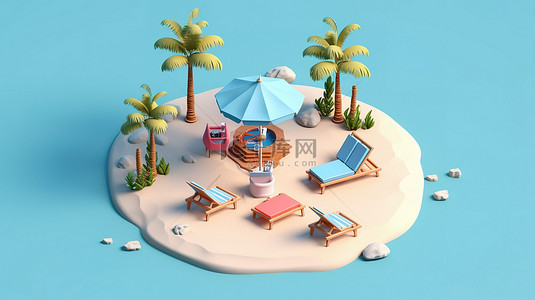 蓝色背景暑假背景图片_蓝色背景上海滩元素的 3d 等距渲染
