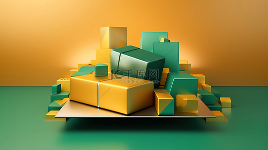 黄色和绿色色调的抽象几何平台组合，带有信用卡和礼品盒，以 3D 渲染呈现