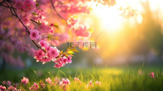 粉红色的樱花盛开在春天背景图