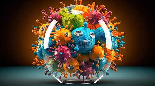 新冠病毒背景图片_充满活力的面具包裹在玻璃泡中，周围是一群 3D 渲染的病毒