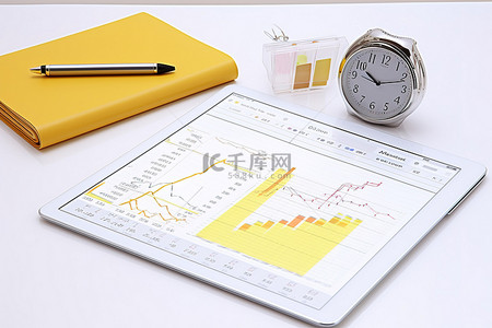 科技金融科技背景图片_ipad笔记白色时钟日历和闹钟