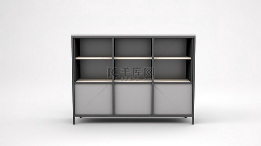 白色背景，灰色柜顶视图 3D 渲染和带黑色钢框架的木架柜