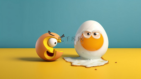 幽默的 3D 渲染，一个微笑的鸡蛋，壳破裂，蛋黄溢出