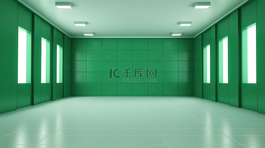 宽敞的 3D 渲染绿色房间，采用简约设计