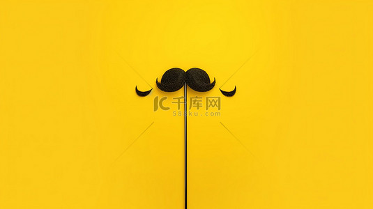 男士发型卡通背景图片_黄色背景与 3D 渲染黑色化装舞会胡子棒面具