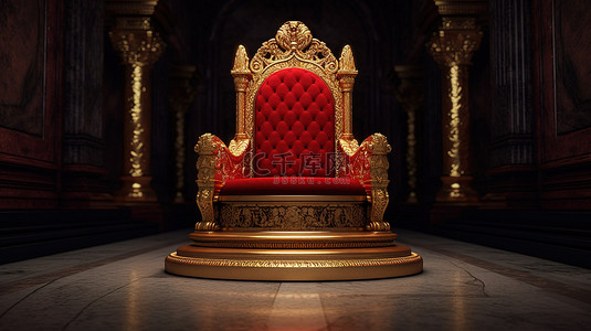 基座上的皇家红椅铺着红地毯，通向适合国王 3D 渲染的豪华宝座