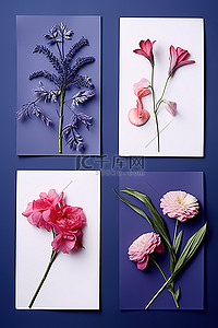 四张花的图片以六种倾斜方式排列并放在一边