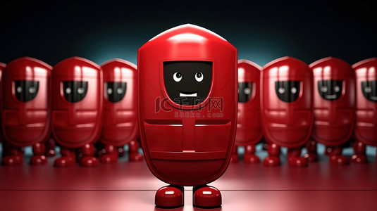 红色金属盾牌人物吉祥物的特写 3D 渲染，防范警察阵容或照片背景