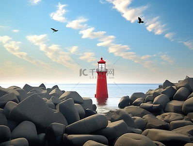 海岸防波堤背景图片_荷兰海岸灯塔形状的岩石