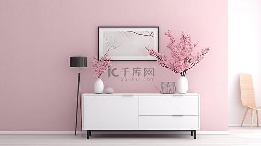 当代走廊白色梳妆台与充满活力的粉红色墙壁搭配，带有模型框架 3D 渲染