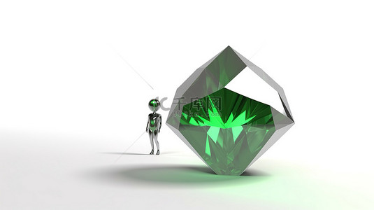 空白白色画布上佩戴 3D 人物的绿色钻石