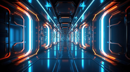 科技感金属感背景图片_具有浅蓝色和橙色霓虹灯 3d 渲染的未来金属走廊