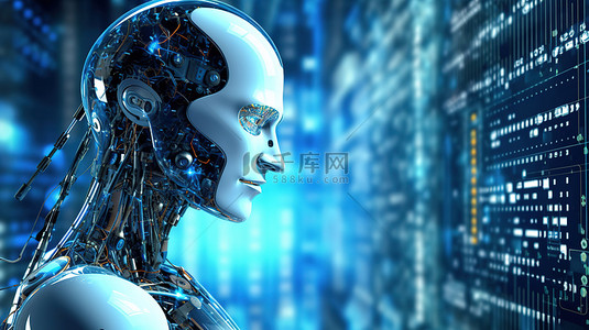 智能科技背景图片_机器人用二进制代码背景思考机器学习的概念 3D 渲染