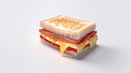 白色背景上带有平坦红色色调的肉类和奶酪三明治的单色 3D 图标