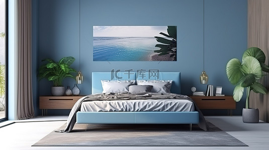 家居背景蓝色背景图片_蓝色主题卧室内部的 3d 渲染艺术画布模型