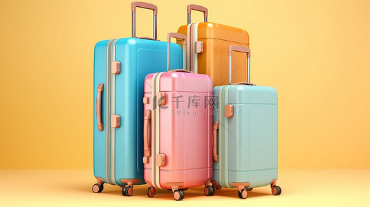 浅蓝色背景上充满活力的手提箱代表旅行和对冒险的热爱 3D 渲染插图