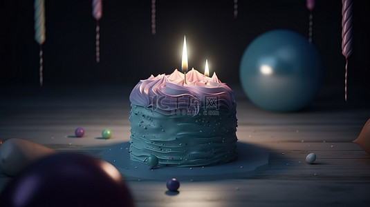一个深色柔和的生日蛋​​糕，蜡烛 3d 渲染插图用于派对横幅