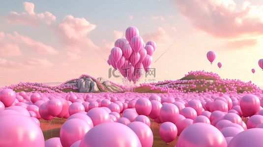 粉色天空气球上升 3D 渲染中航空旅行飞机和旅游概念的插图