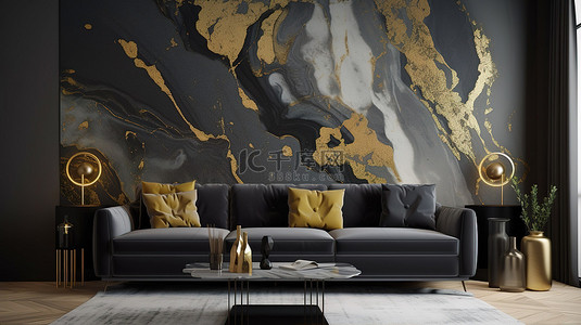 当代北欧黑色和金色墙壁艺术 3D 抽象大理石壁纸树脂晶洞绘图