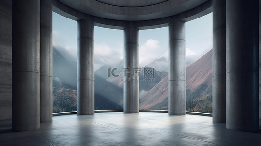 多山的背景增强了具有高耸支柱结构的空置混凝土房间的 3D 渲染