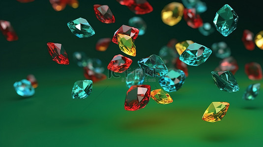 色彩丰富的绿色背景上层叠的彩色钻石珠宝的 3D 渲染