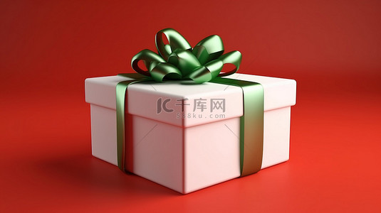 红色背景上 3D 渲染的绿色弓形白色礼品盒