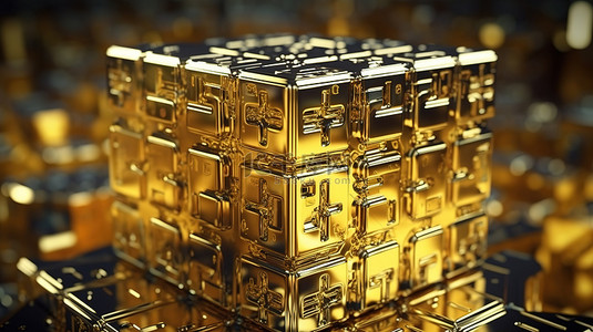 闪闪发光的技术立方体，一个闪亮的黄色金属盒子，装饰着 3D 数字窗饰和纹理