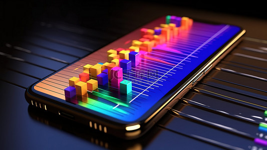 3D 渲染智能手机显示业务增长和股市投资，条形图颜色逐渐变暗