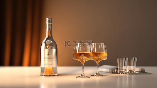 香槟套装，配有两个玻璃杯和 3D 渲染中的瓶子模型
