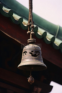 一座亚洲寺庙的屋顶上挂着钟