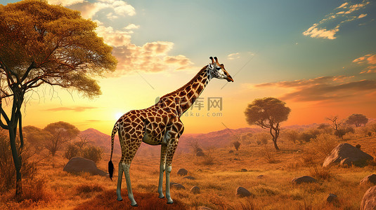 雄伟的长颈鹿 3d 渲染的日落剪影