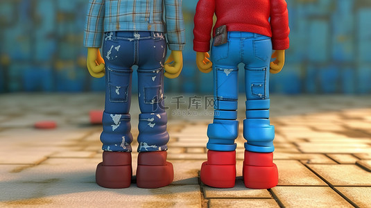 1 蓝色破洞牛仔裤和红色靴子穿着卡通人物的 3D 渲染插图