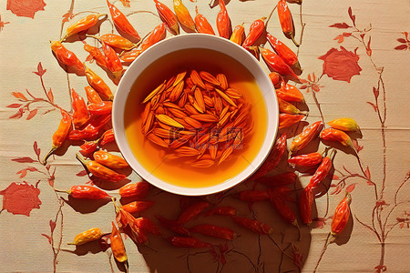 栀子花茶背景图片_将辣椒酱和去皮的红杏仁放在碗里，放在一张纸上