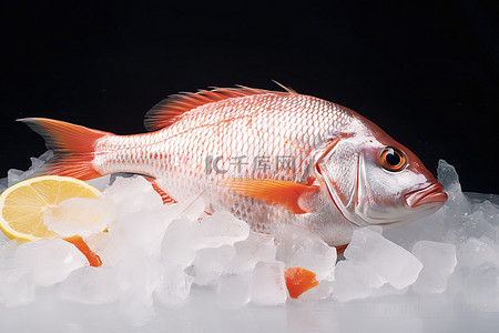 一条橙色和白色的鱼坐在冰上