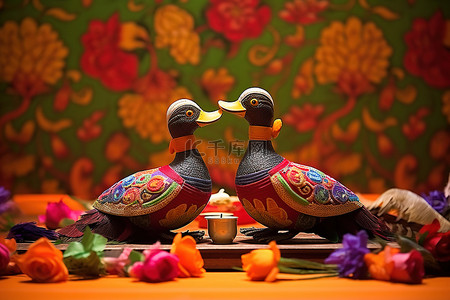 贝克背景图片_印度环境中装饰桌子的鸭子
