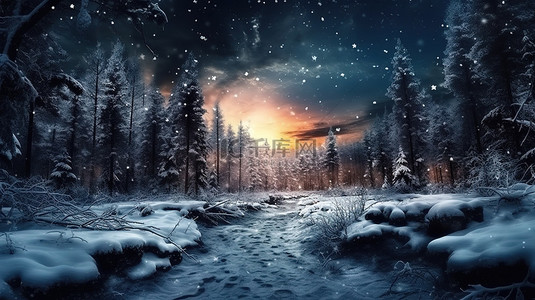 令人惊叹的数字艺术捕捉到夜间迷人的冬季仙境森林景观