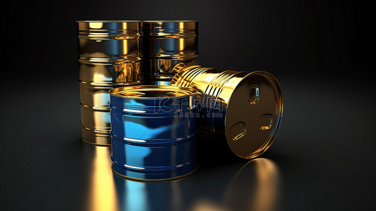 石油化工背景图片_闪闪发光的金桶和蓝色气罐在风景优美的背景下以 3D 渲染