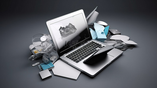 悬浮笔记本电脑和办公桌物品的悬浮 3D 渲染中的办公必需品