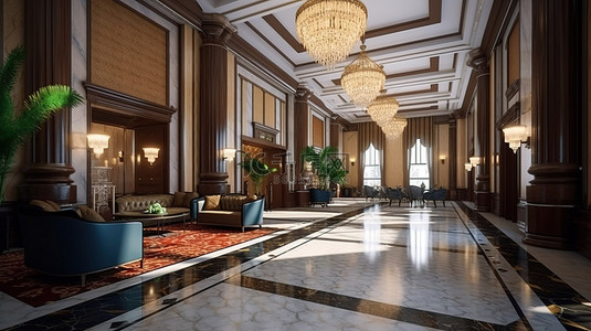 豪华装饰艺术风格的酒店大堂，配有 3D 可视化马赛克瓷砖走廊