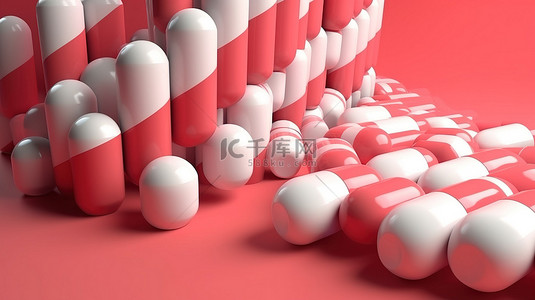 红色和白色的药胶囊在柔和的柔和背景上以 3D 渲染的方式层叠