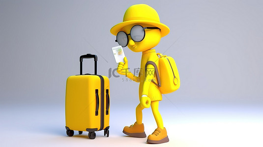 卡通旅行者 3D 渲染一个角色带着黄色手提箱行走并使用手机的图像